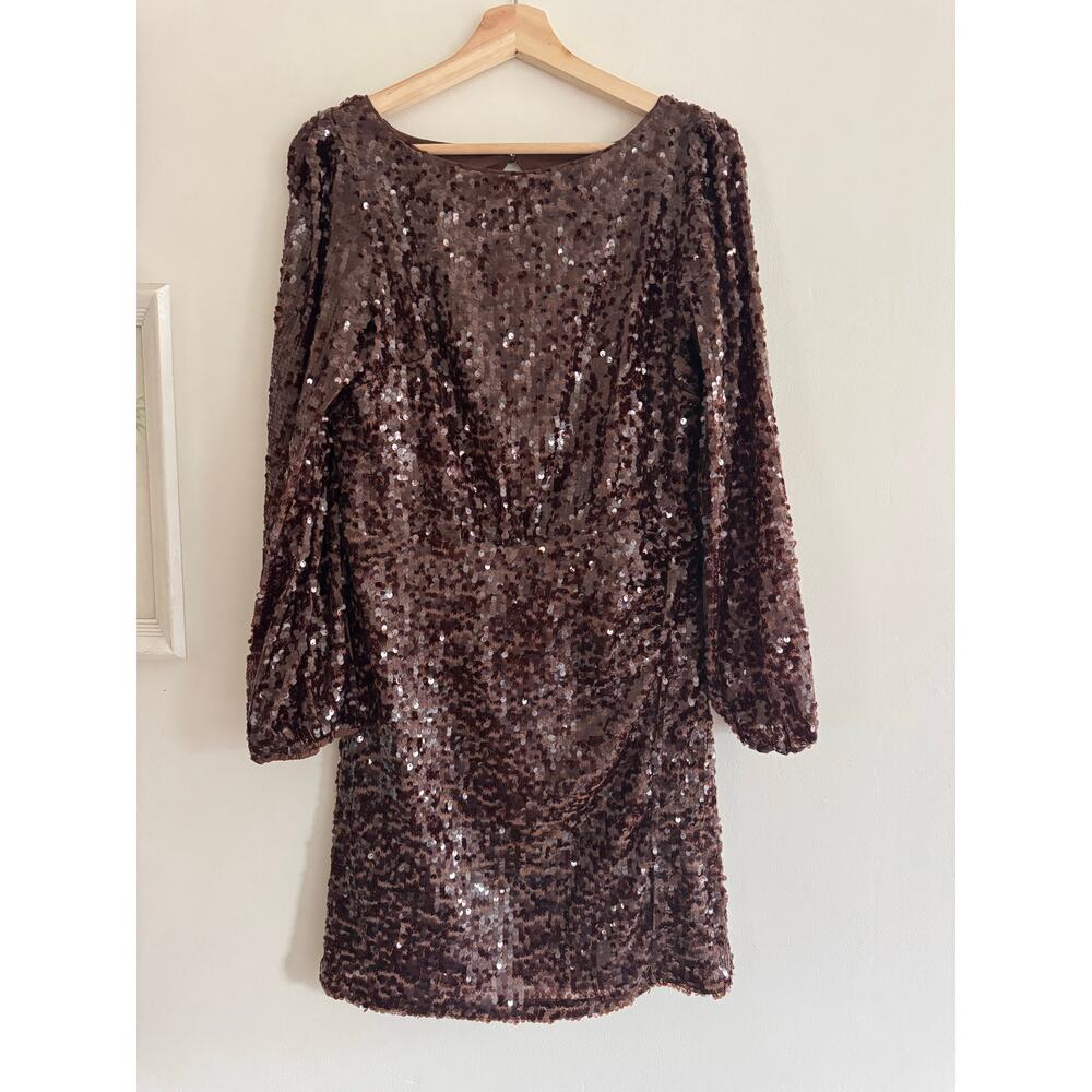 LOFT Sequin Brown Long Sleeve Mini Dress Size 6 - Picture 3 of 6